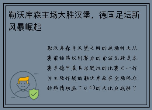 勒沃库森主场大胜汉堡，德国足坛新风暴崛起
