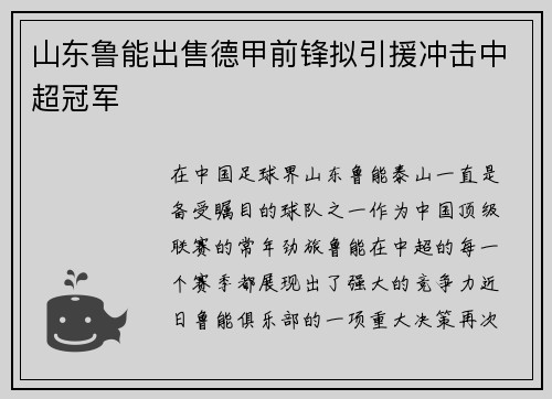 山东鲁能出售德甲前锋拟引援冲击中超冠军